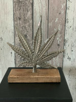 Cannabis Skulptur Hanf Blatt Dekoration Aluminium auf Holzfuss H23 cm